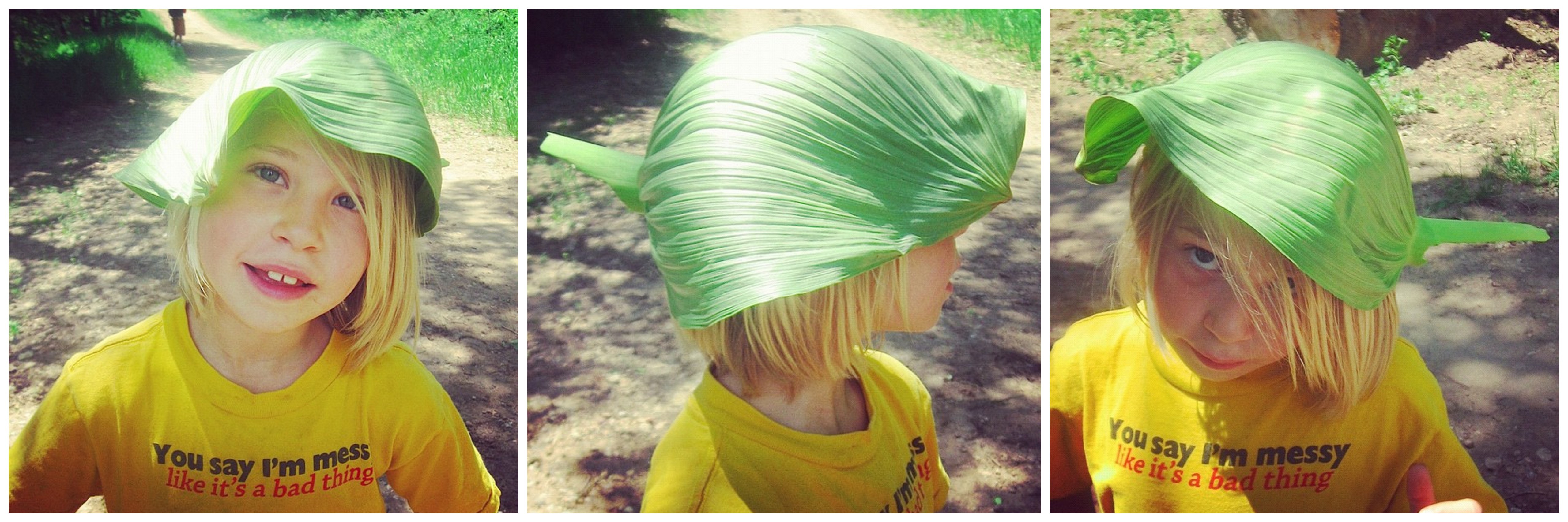 little girl wearing giant leaf on head instagram