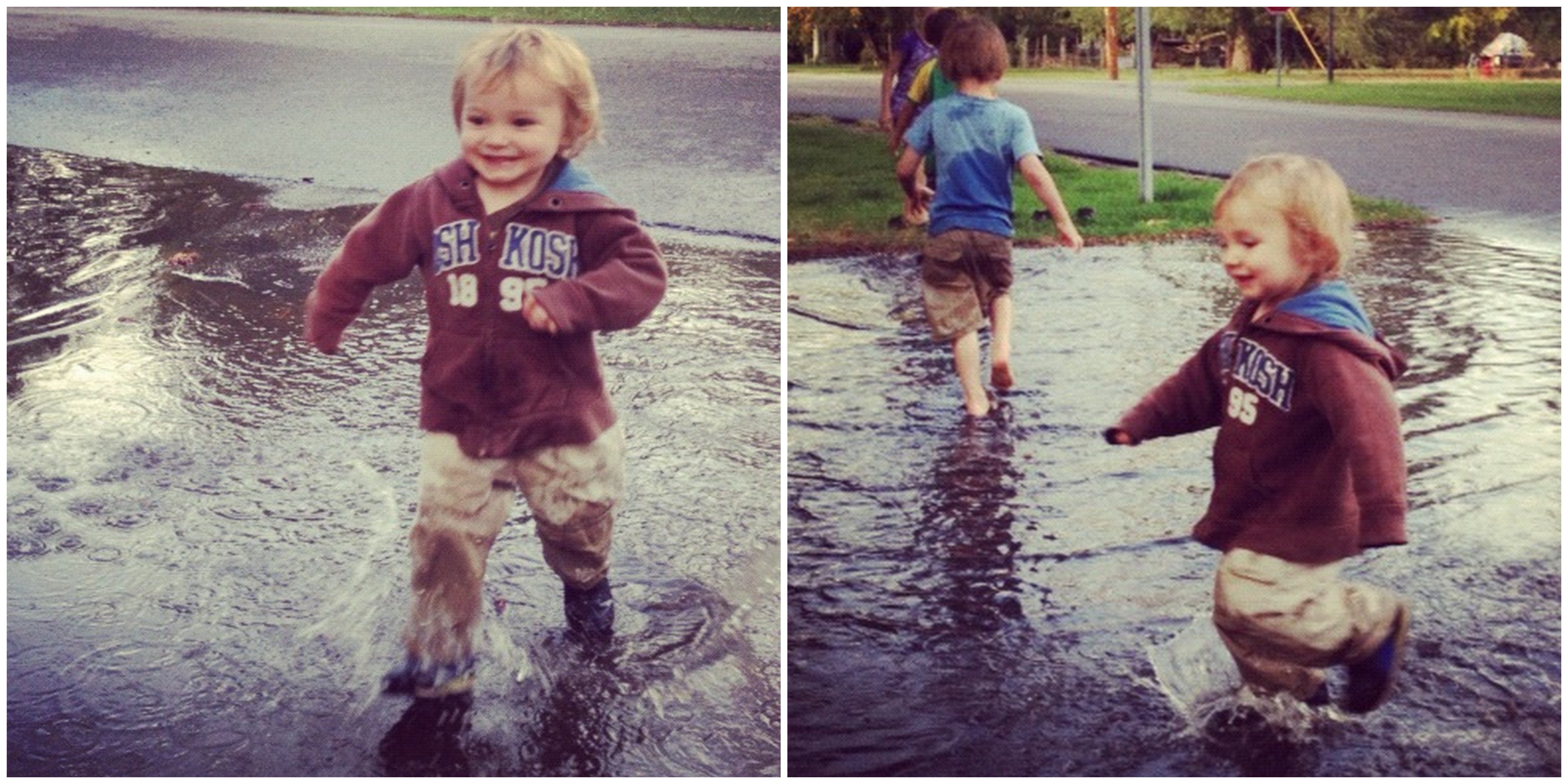 little toddler boy running through puddle instagram