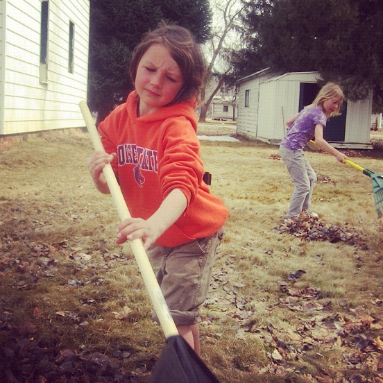 dad little kids working in yard raking leaves instagram