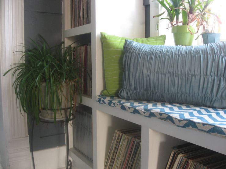 built-in shelves window seat records